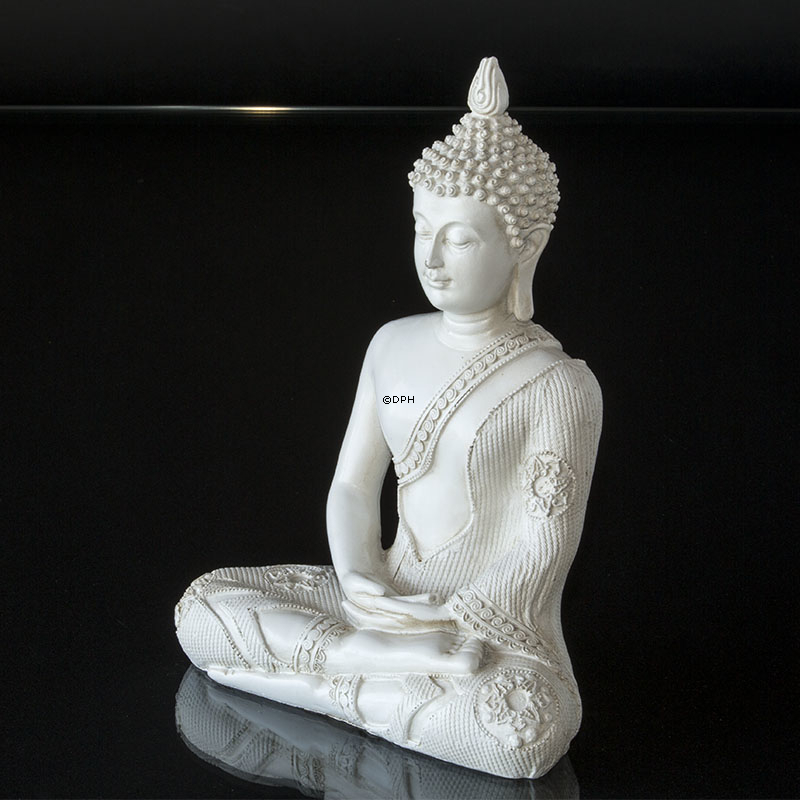 Buddha siddende meditation Dhyana Mudra, hvid polyresin