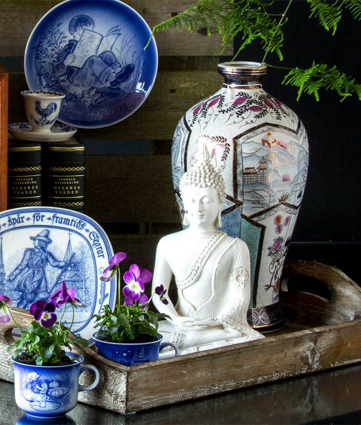 Buddha siddende meditation Dhyana Mudra, hvid polyresin