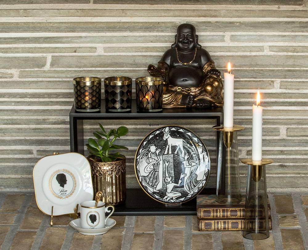 Fed Buddha / Budai siddende, brun og guld polyresin