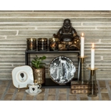 Fed Buddha / Budai siddende, brun og guld polyresin