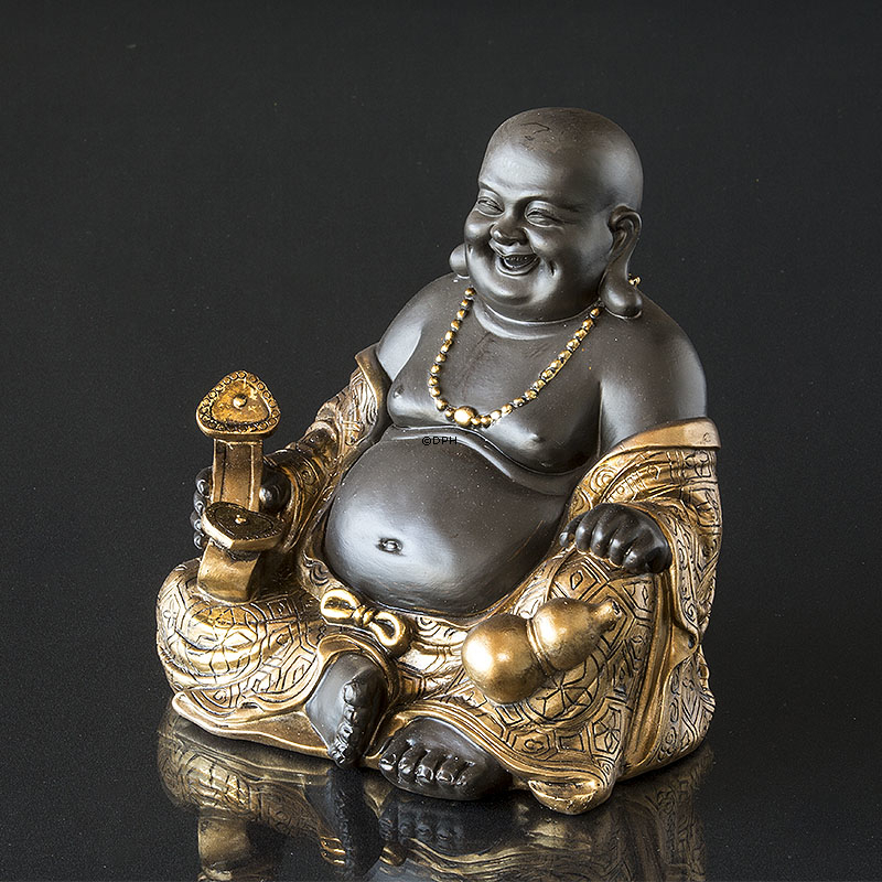 Fed Buddha / Budai siddende, brun og guld polyresin