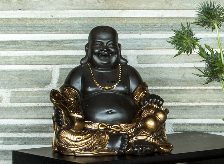 Fed Buddha / Budai siddende, brun og guld polyresin
