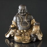 Leende Buddha / Budai siddende, brun og guld polyresin