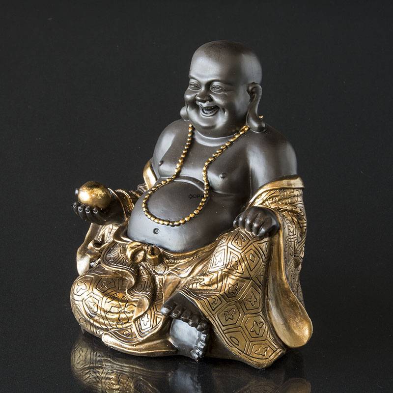 Leende Buddha / Budai siddende, brun og guld polyresin