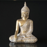 Buddha siddende Bhumisparsa Mudra, guldfarvet polyresin