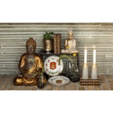 Buddha sitting Bhumisparsa Mudra, gold colored polyresin