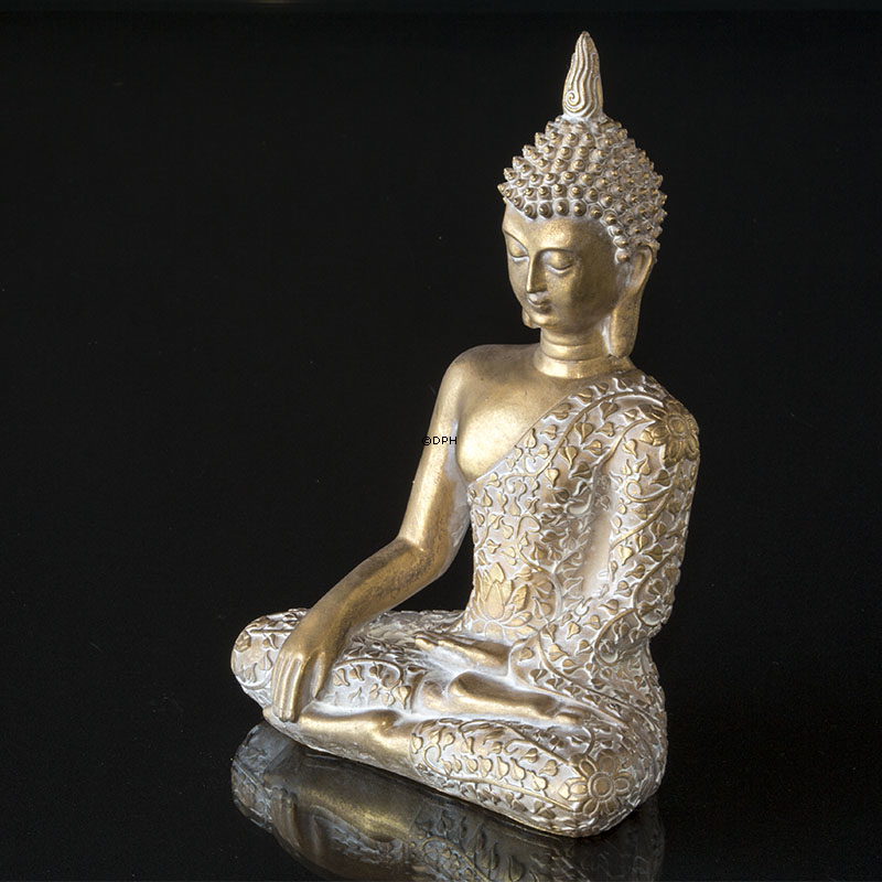 Buddha siddende Bhumisparsa Mudra, guldfarvet polyresin
