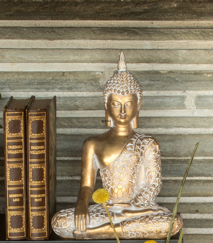 Buddha siddende Bhumisparsa Mudra, guldfarvet polyresin