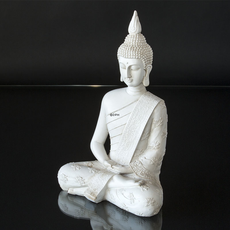 Buddha siddende i meditation Dhyana Mudra, hvid polyresin