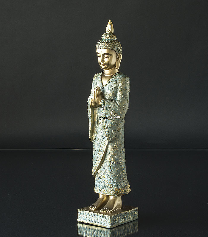 Buddha stående bedenede, gylden og grøn polyresin