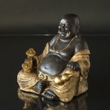 Fed Buddha / Budai siddende, brun og guld polyresin, stor