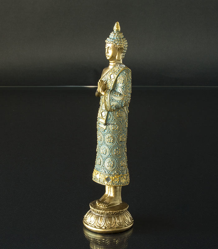 Buddha stående bedenede på lotus, gylden og grøn polyresin