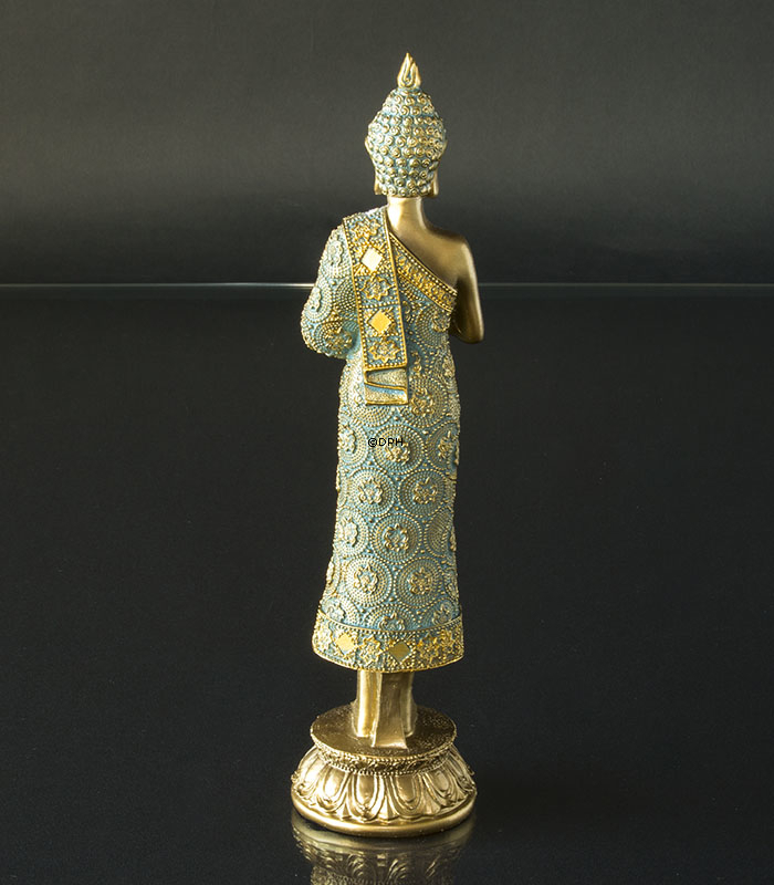 Buddha stående bedenede på lotus, gylden og grøn polyresin