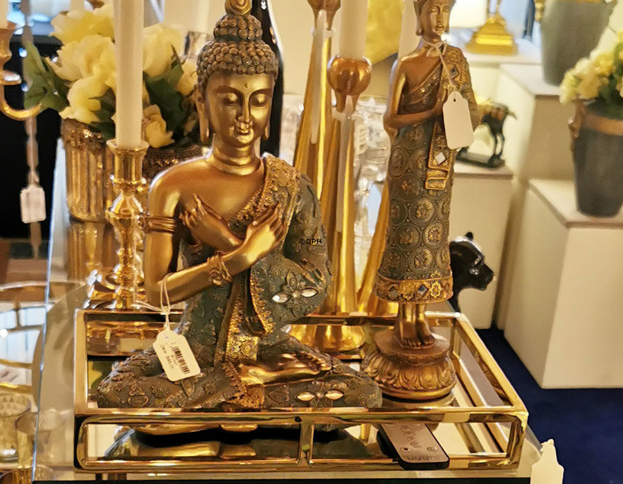 Buddha stående bedenede på lotus, gylden og grøn polyresin