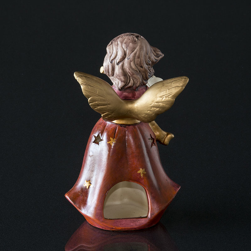 Engel med klokke i rød, fyrfadslys, lille