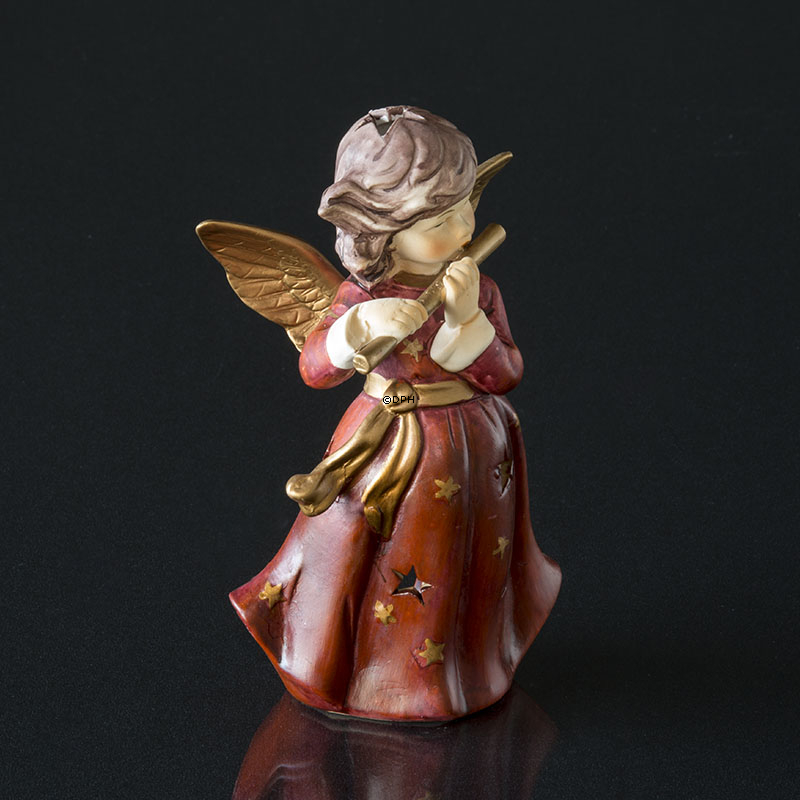 Engel med klokke i rød, fyrfadslys, lille