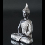Buddha i meditation Dhyana Mudra, sort og sølv polyresin