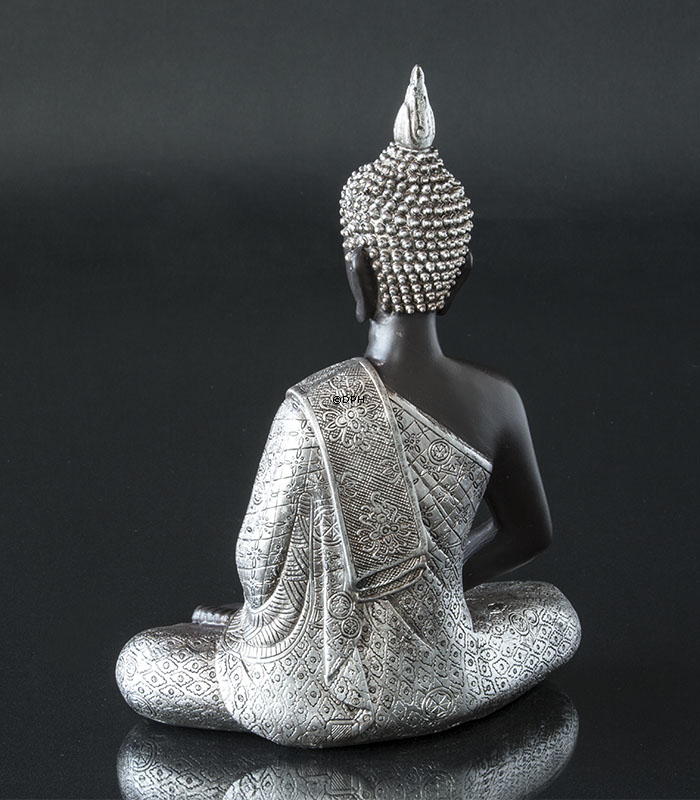 Buddha i meditation Dhyana Mudra, sort og sølv polyresin