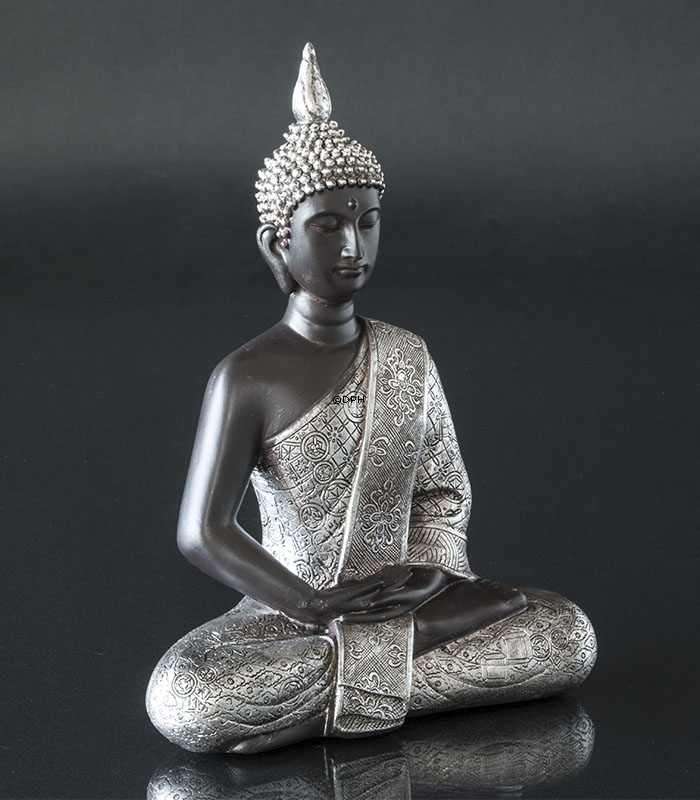 Buddha i meditation Dhyana Mudra, sort og sølv polyresin