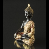 Buddha Erdberührungsgeste Bhumisparsa Mudra, Schwarz und Gold Polyresin