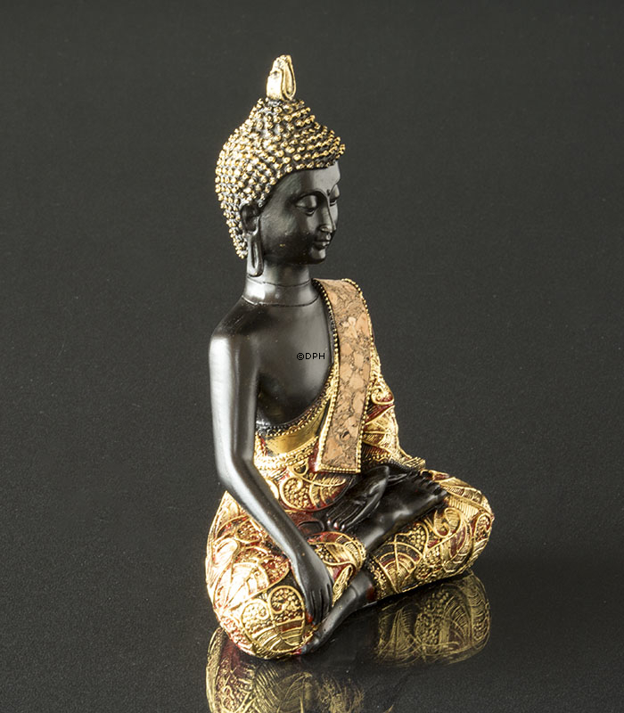 Buddha jorden er vidne Bhumisparsa Mudra, sort og guld polyresin