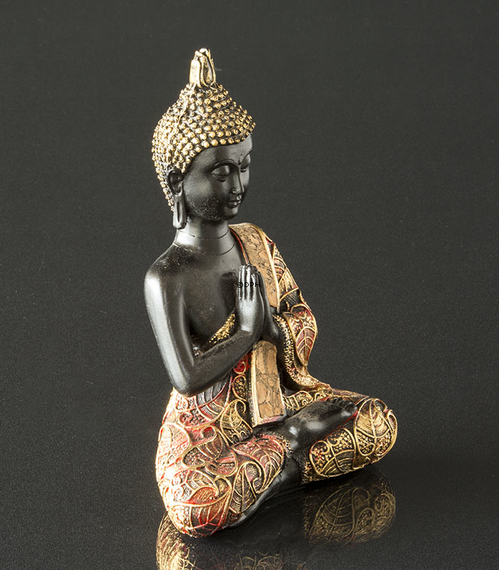 Buddha bedende, sort og guld polyresin