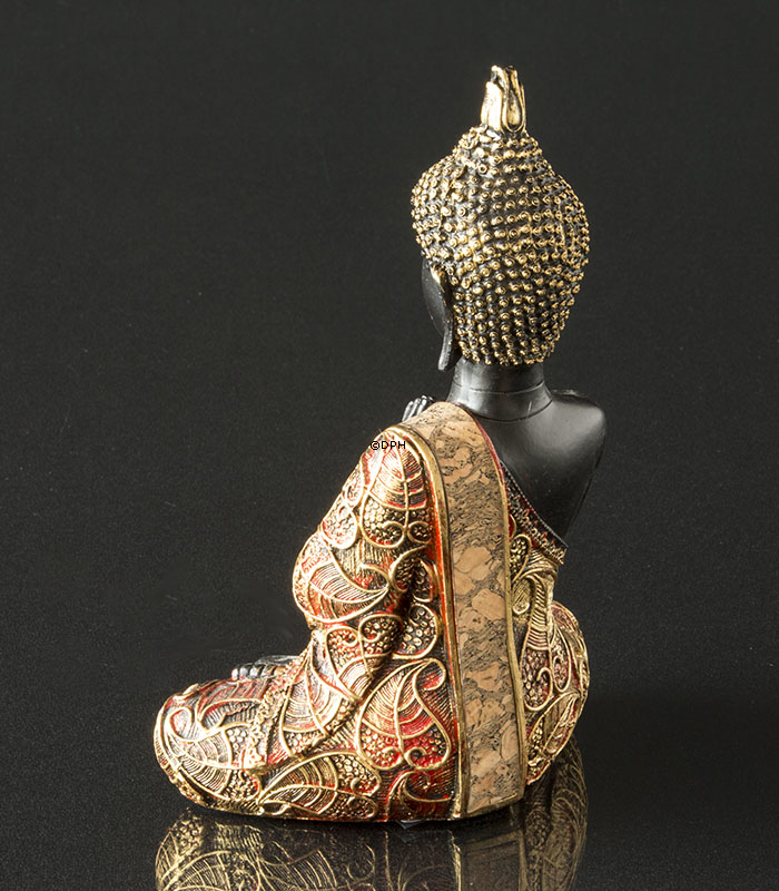 Buddha bedende, sort og guld polyresin