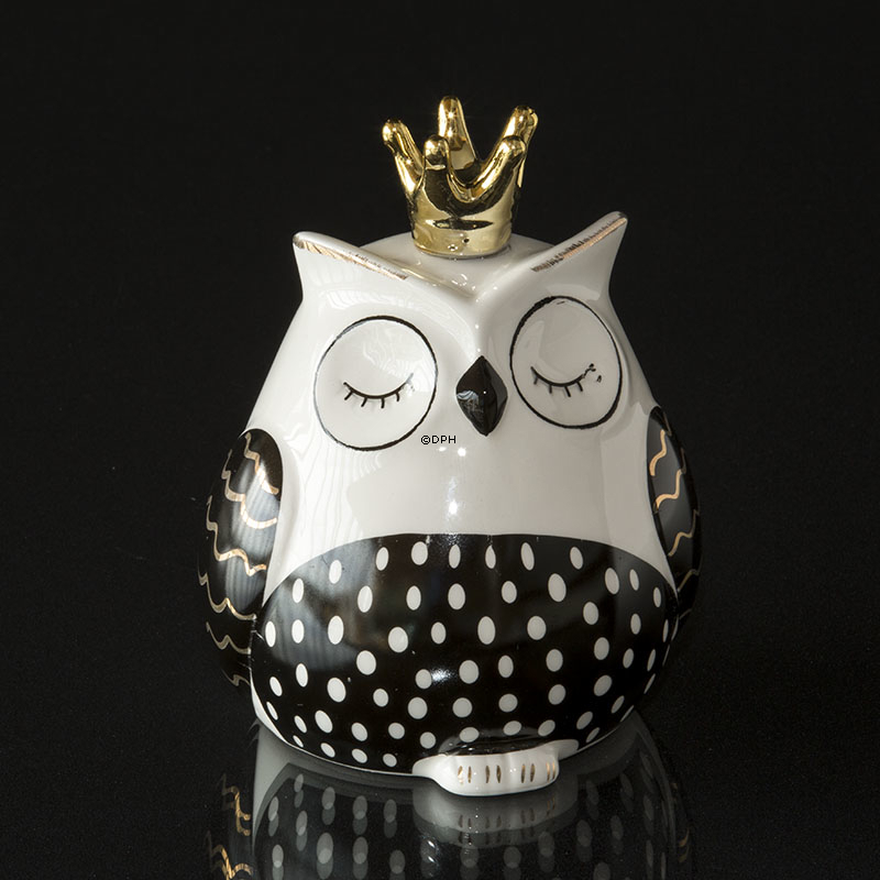 Ugle med krone, sort-hvid keramik