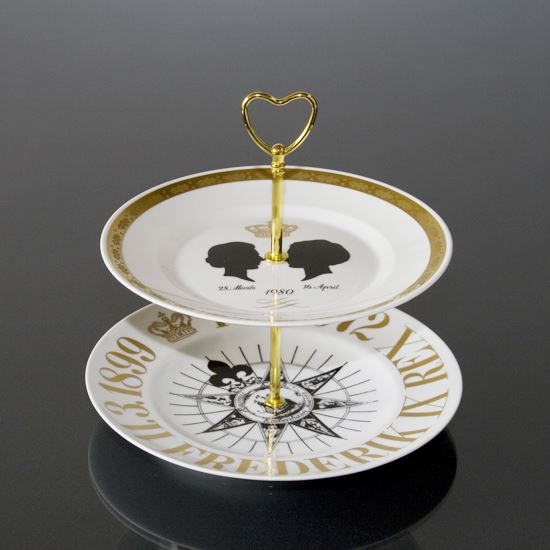 Royal Copenhagen cake stand with king and queen plates in gold and white