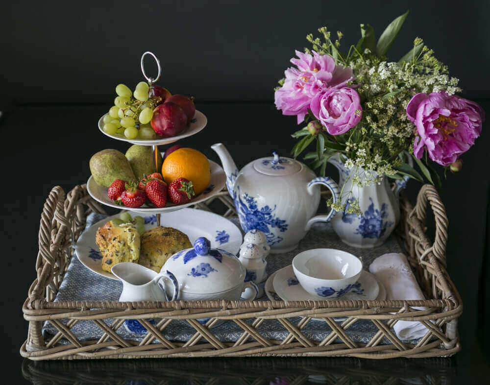 Centerpiece from Blue Flower of Royal Copenhagen on tray