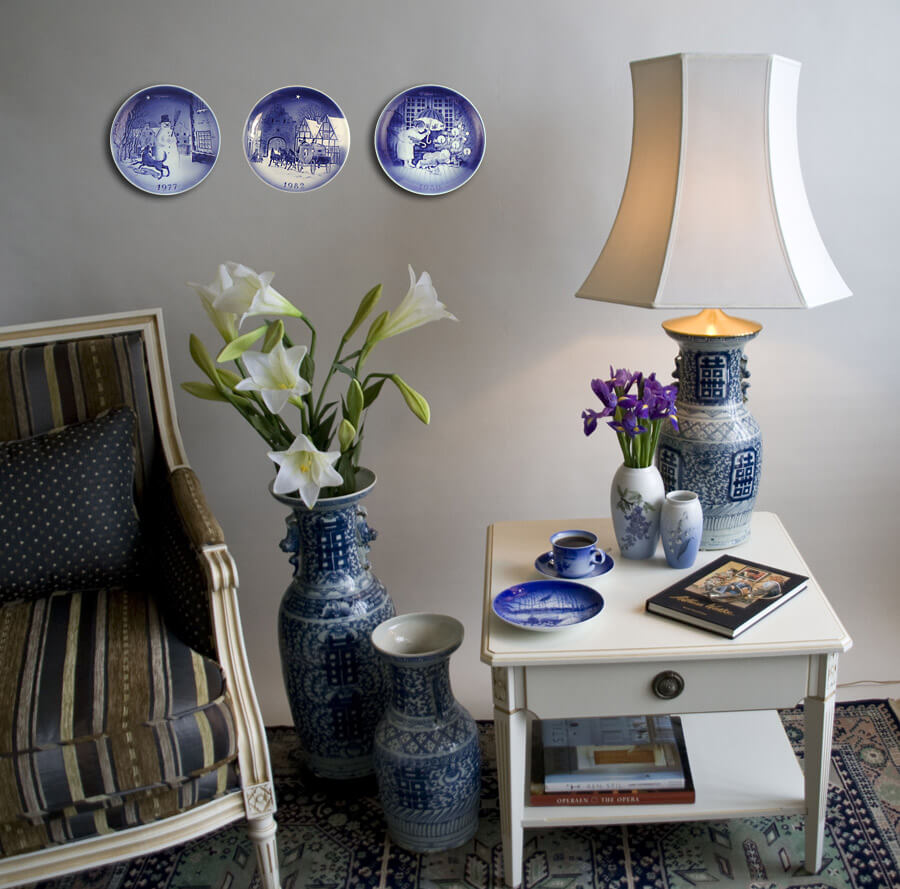 Wall decorated with Danish Blue Porcelain plates with Hans Christian andersen motifs