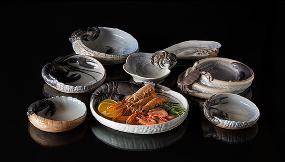 Bowls and dishes for serving fish, schrimp and sushi