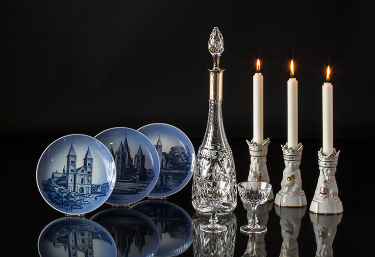 Church plates with the three wise men candlesticks and crystal decanter