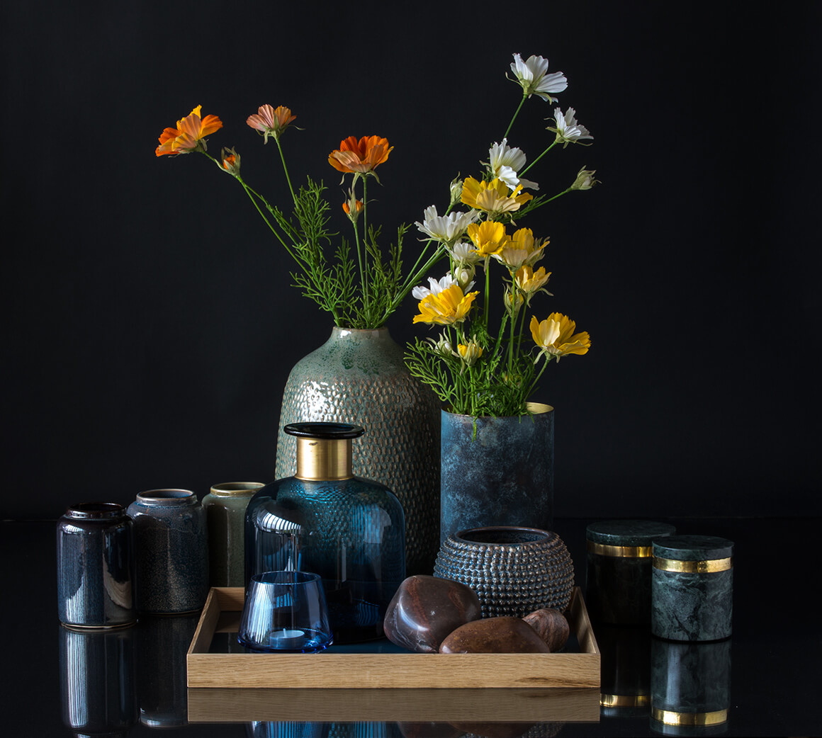 Country home decor with ceramics and glass vases