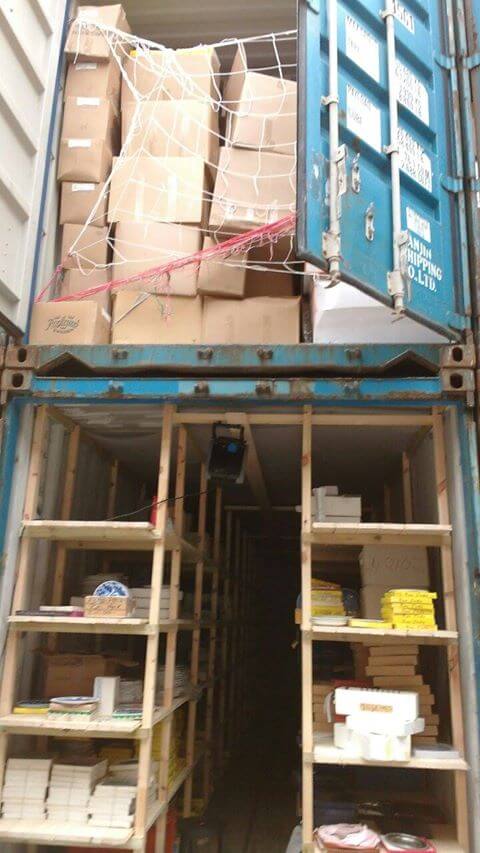 In order to sort all of the goods, we had some shelves installed in some of the containers