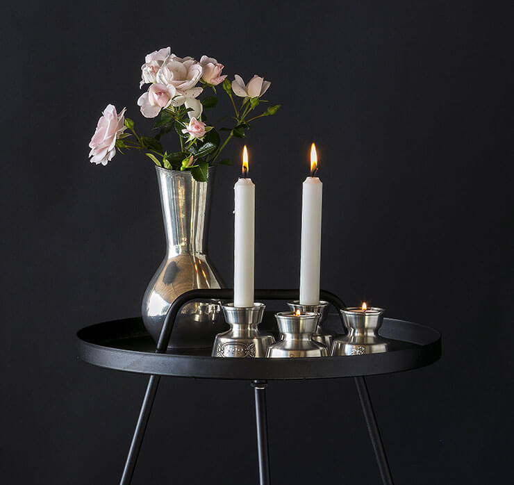 Pewter Tin vase with tin candleholders