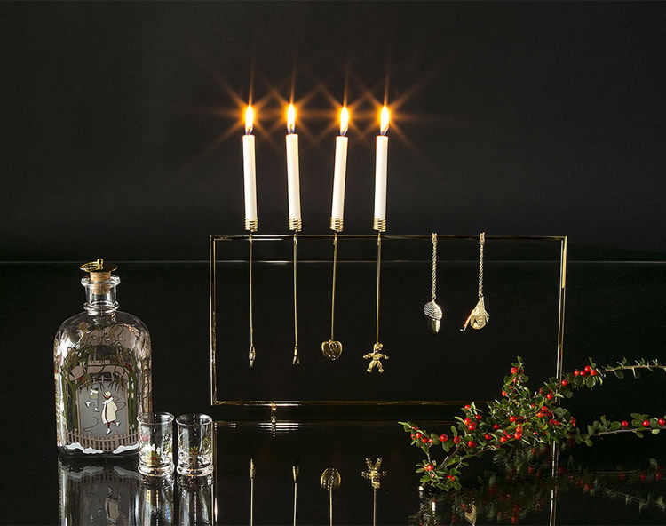 Georg Jensen Christmas display with candleholders, ornaments and Christmas bottle from Holmegaard