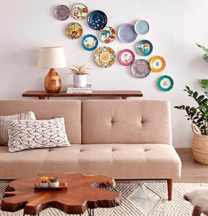 Plates behind a couch