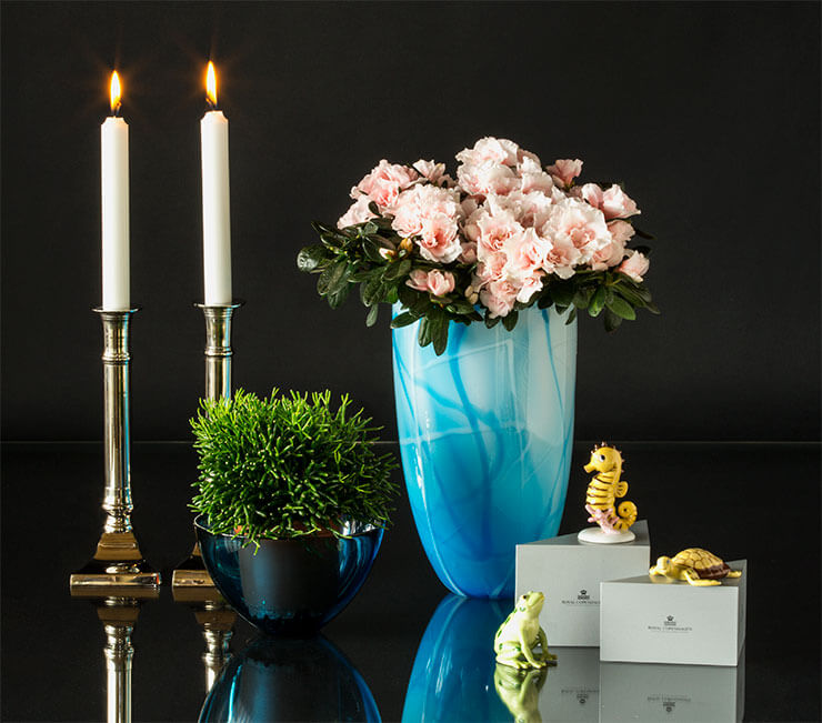 Royal Copenhagen Fortuna lykkefigurer med glaskunst vase og lysestager