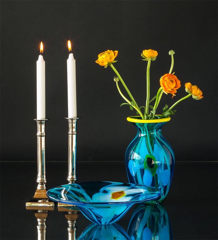 Glass art and candlesticks