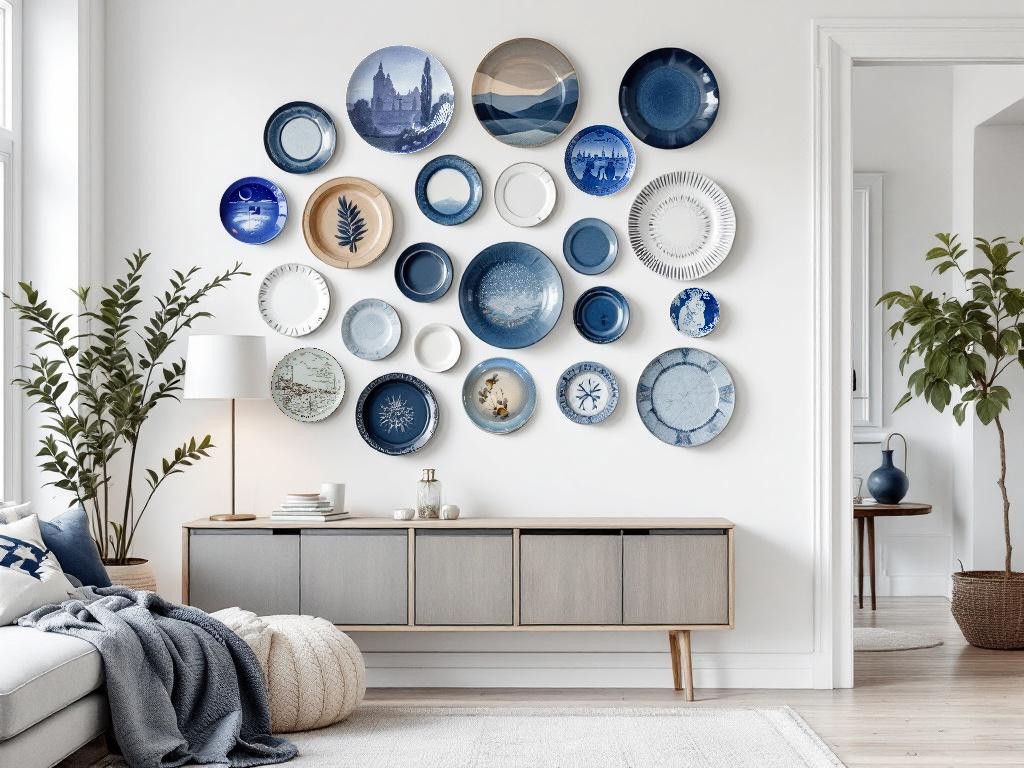 Plattevæg med forskellige blå og hvide platter.