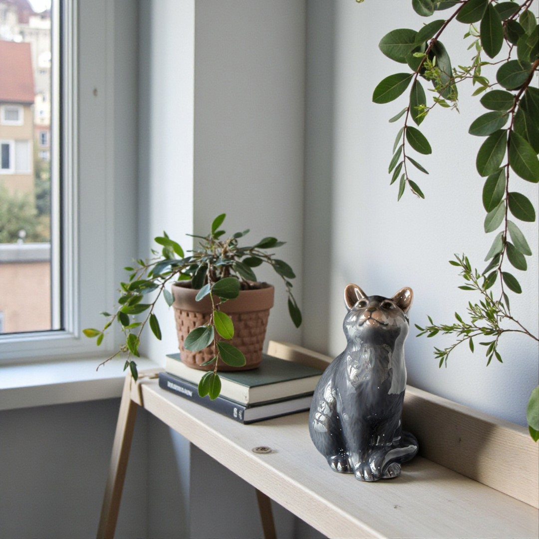 Royal Copenhagen årsfigur 2022 kat i porcelæn, grå kattefigur siddende på hylde med grønne planter i lys boligindretning