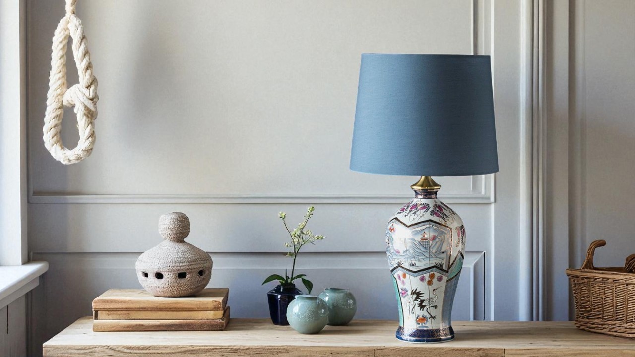 Cylinderformet lampeskærm i blå chintz (farve 6100) med glat overflade og let glans, monteret på kinesisk porcelænslampe med dekorativt mønster, placeret på træbord i rolig, nordisk indretning.