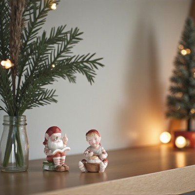 To Royal Copenhagen Pixie nisser står på en træhylde ved siden af gran i vase, med et lille juletræ og varme lys i baggrunden.