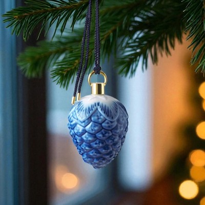 Royal Copenhagen juleophæng med blå koglemotiv hænger på en grøn grangren med varme julelys i baggrunden.