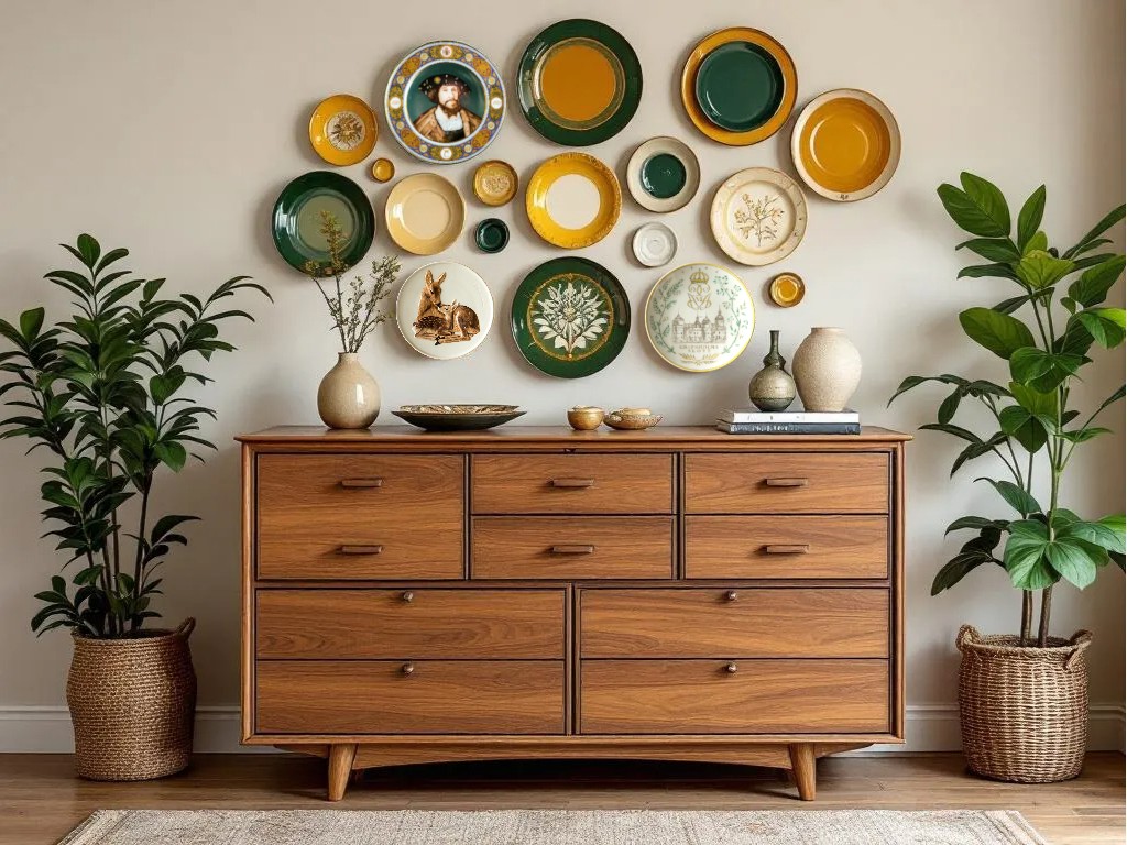 Platter sammen med teaktræsmøbel