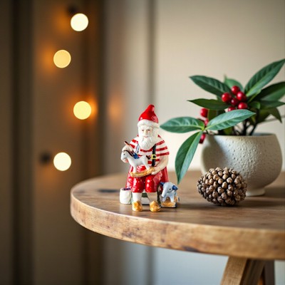 Royal Copenhagen julefigur med julemand og små dyr på et træbord med grøn plante, kogle og varme julelys i baggrunden.