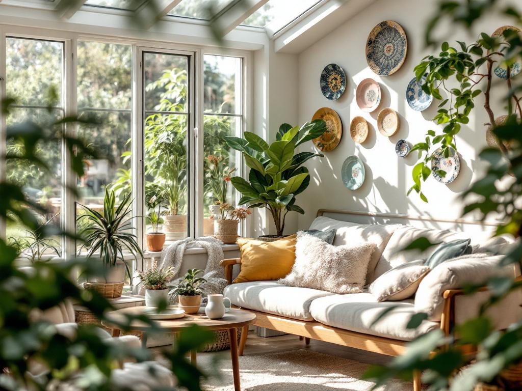 Udestue indrettet med platter som vægdekoration