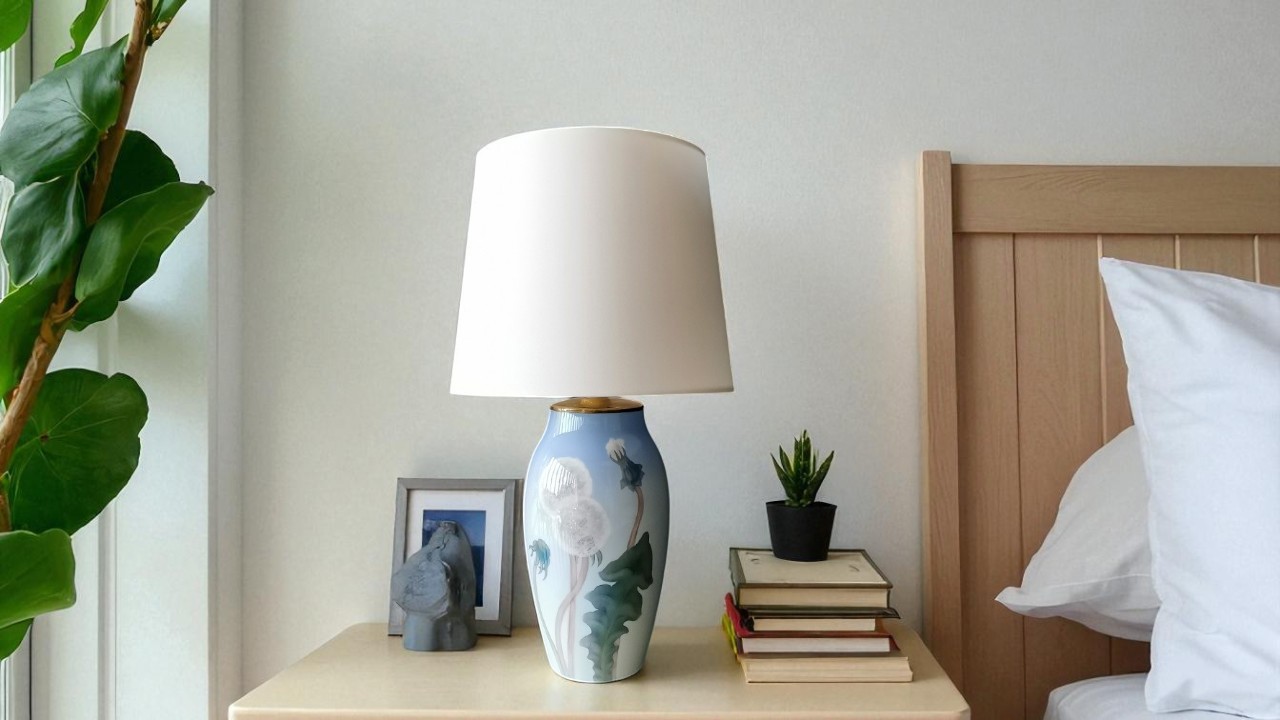 Cylinderformet lampeskærm i hvid chintz (farve 3300) med glat overflade og let glans, monteret på porcelænslampe med blomstermotiv, placeret på sengebord i lys og rolig indretning.