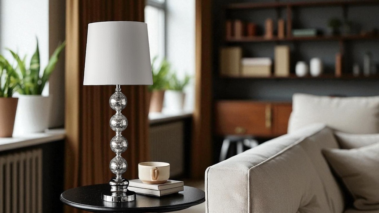 Klassisk bordlampe med kromfinish, kugleformet lampestander og hvid lampeskærm placeret på sidebord i stue.